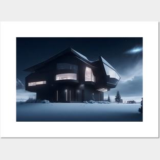 Black futuristic house in snowy place Posters and Art